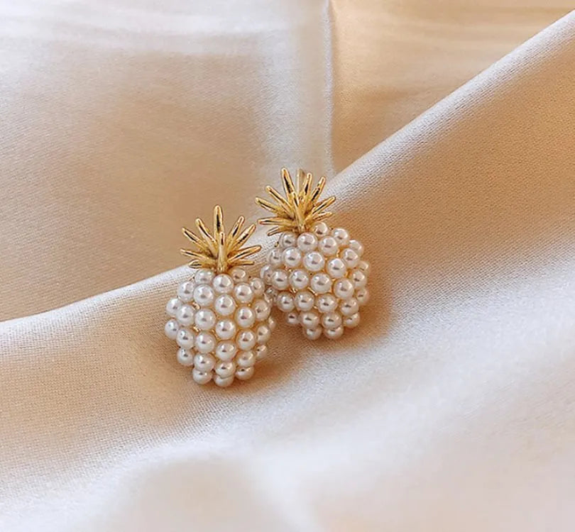 Korean style women's fruit-themed earrings in alloy with electroplated gold, silver, pearl flower, and starfish pearl finishes.