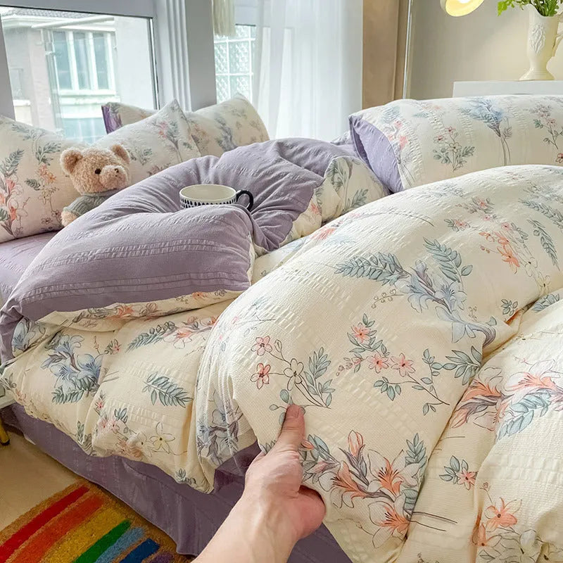 Aerobic jacquard cloud yarn chemical fibre bedding set in multiple colours and sizes, including sheet, pillowcases, and quilt cover.