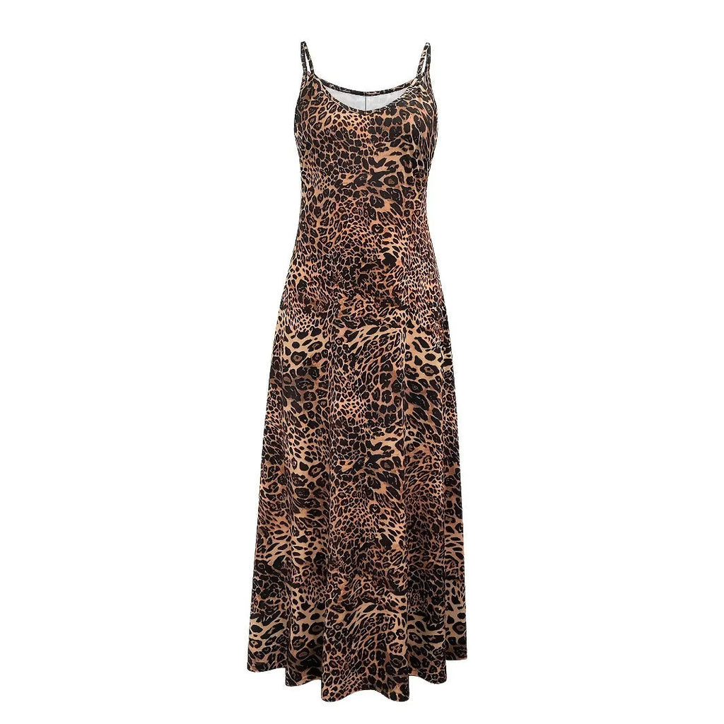 Dark brown leopard print dress with sleeveless round neck and shoulder straps