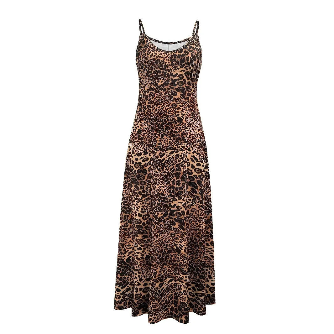 Dark brown leopard print dress with sleeveless round neck and shoulder straps