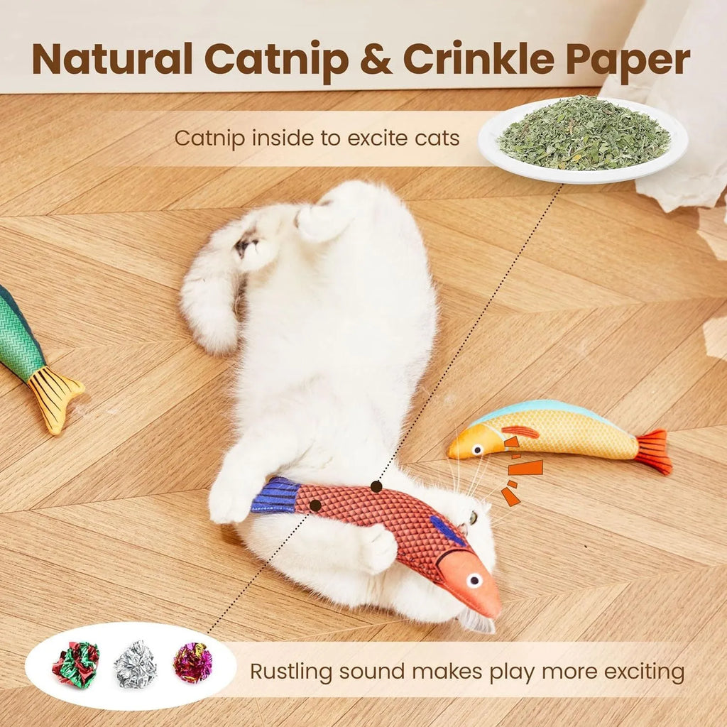 Soft plush fish cat toy in green with organic catnip filling for interactive play