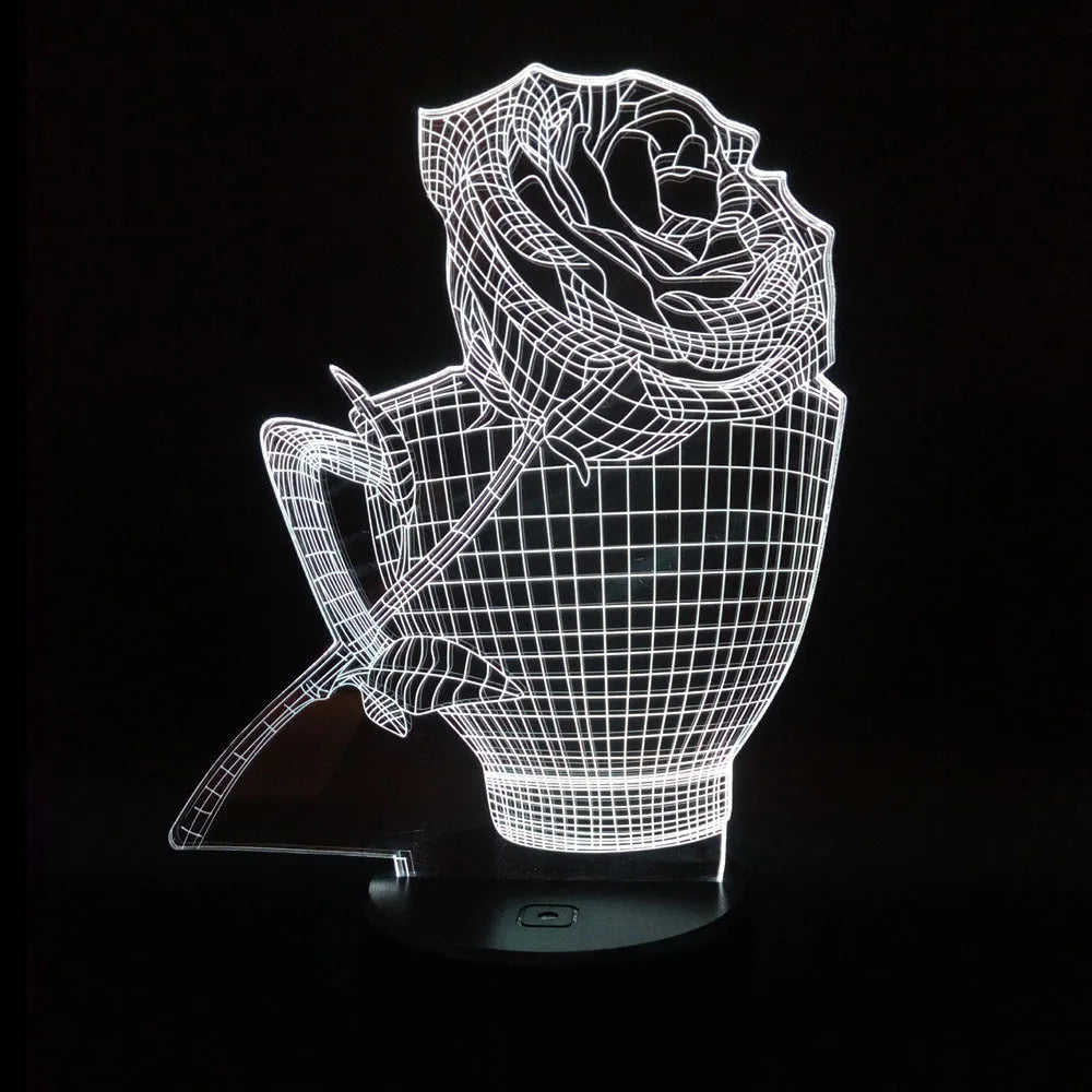 3D rose flower night light with acrylic panel and ABS base showing colour options