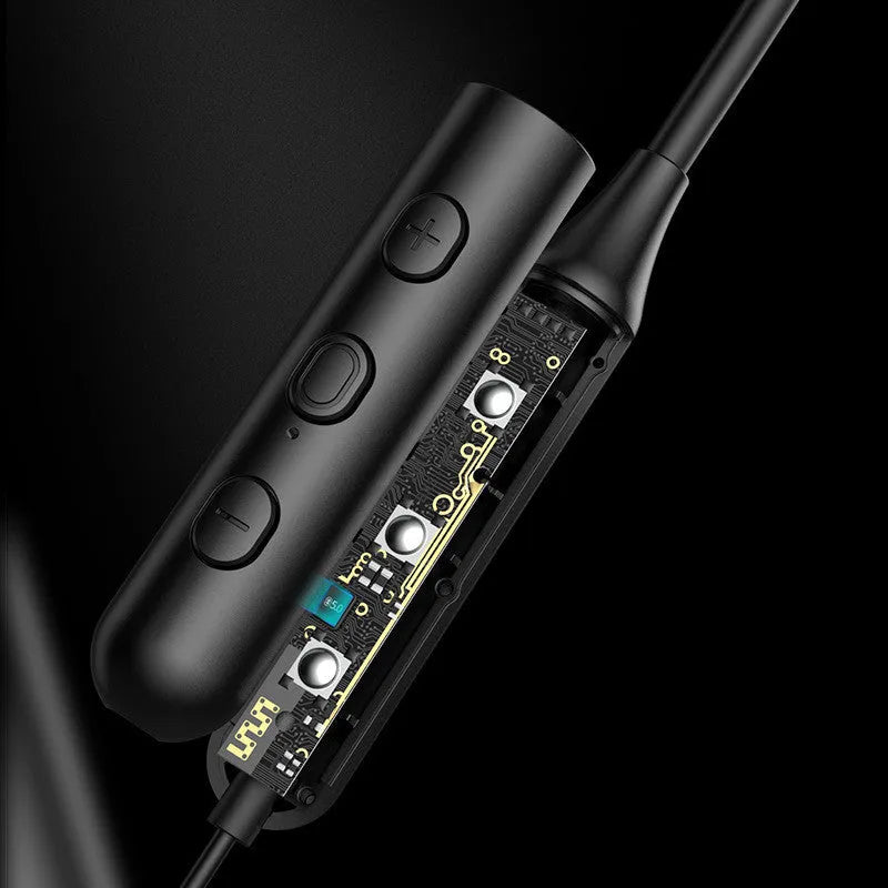 Magnetic sucker neck sports Bluetooth headset in black with necklace-style band and earbuds clipped together