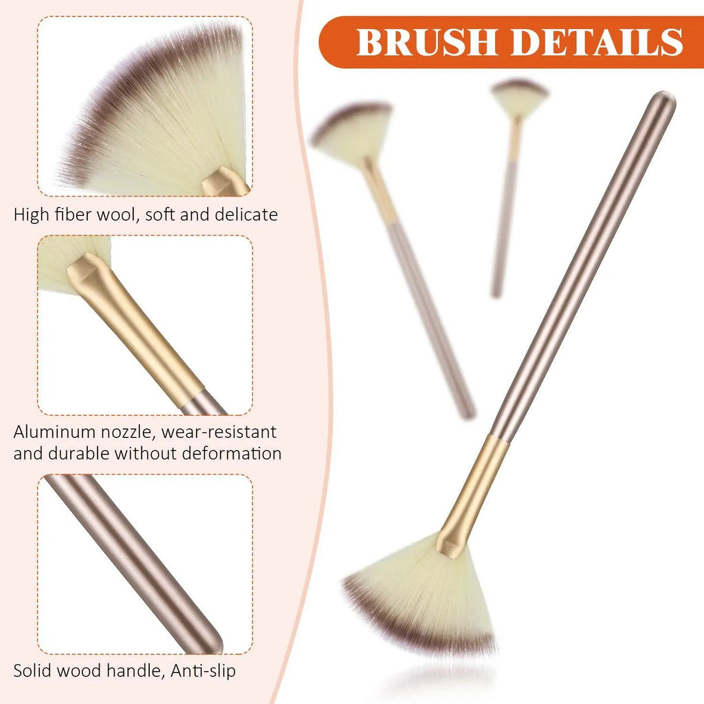Set of 10 champagne-coloured wooden handle fan brushes with soft fibres and protective covers.