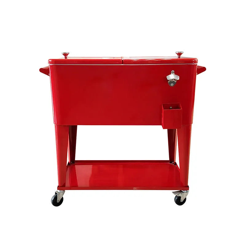 Red outdoor insulated cart cooler box with iron trolley frame and 750 ml capacity.
