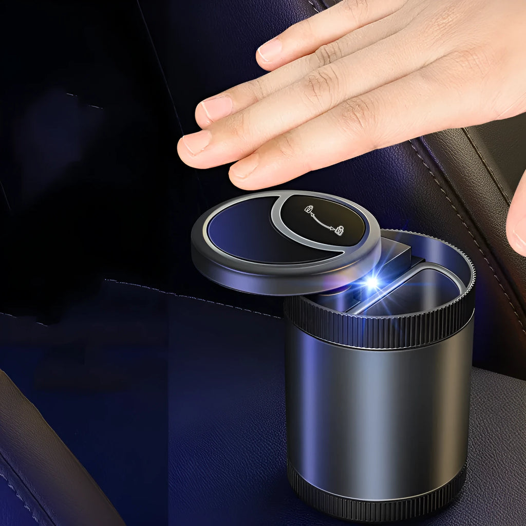 Automatic sensing vehicle mounted ashtray in grey with USB cable for car, home, or office use.