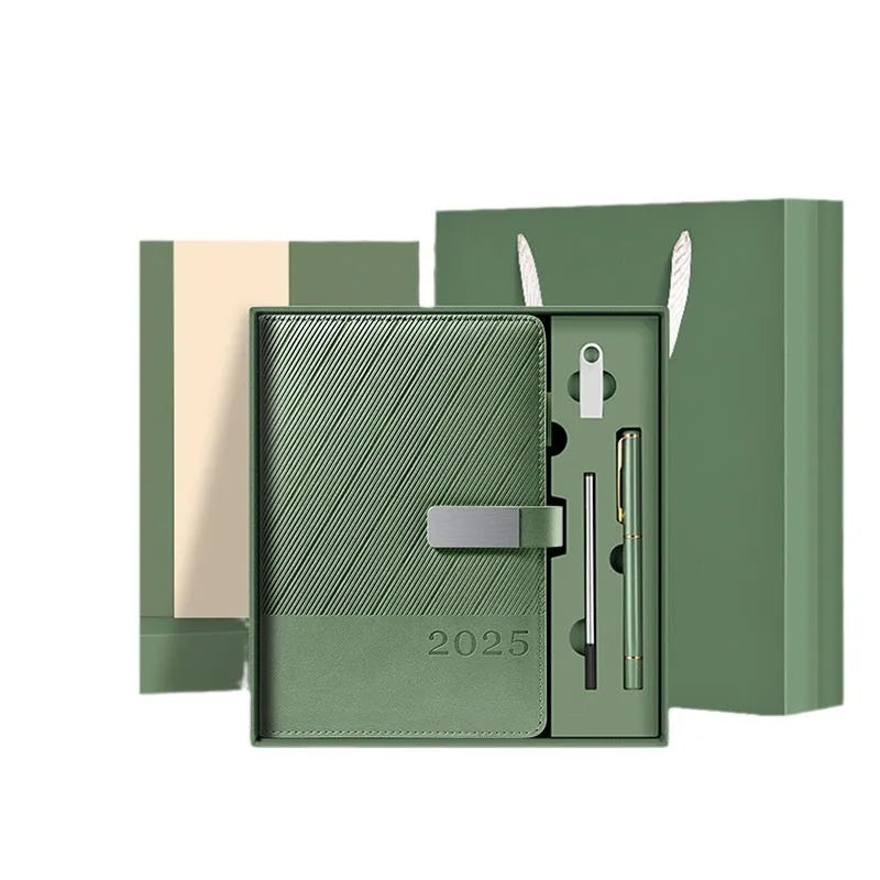 Office notepad with striped PU leather cover open to show 80g wood-free paper pages