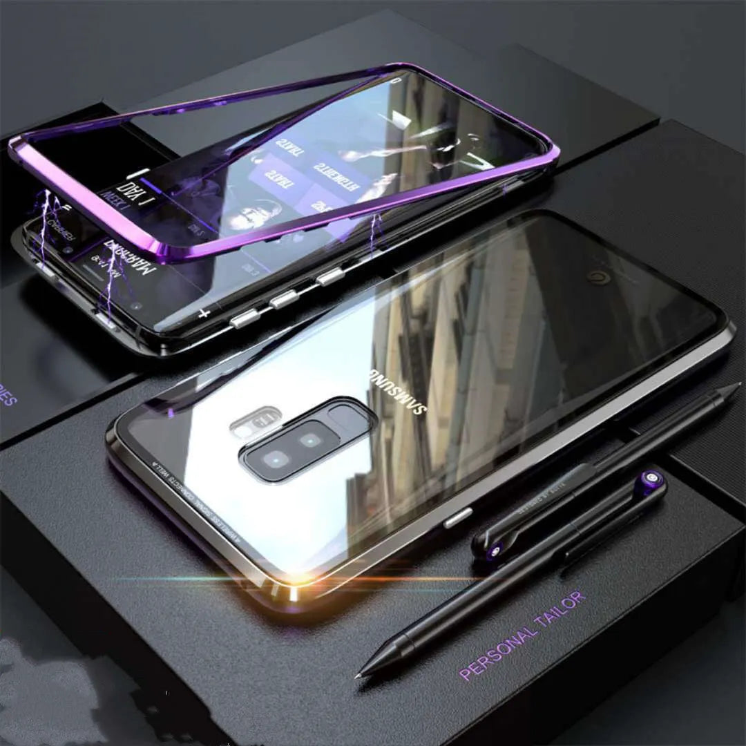 Samsung Galaxy anti-peeping magnetic phone case in clamshell design with double-sided glass