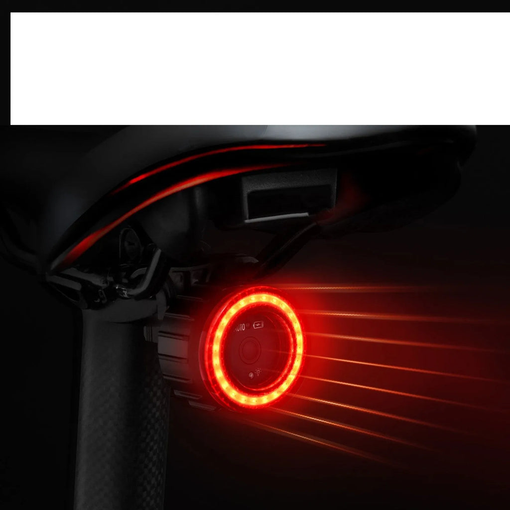 Black intelligent bicycle brake taillight with aluminum alloy frame and seat tube bracket.