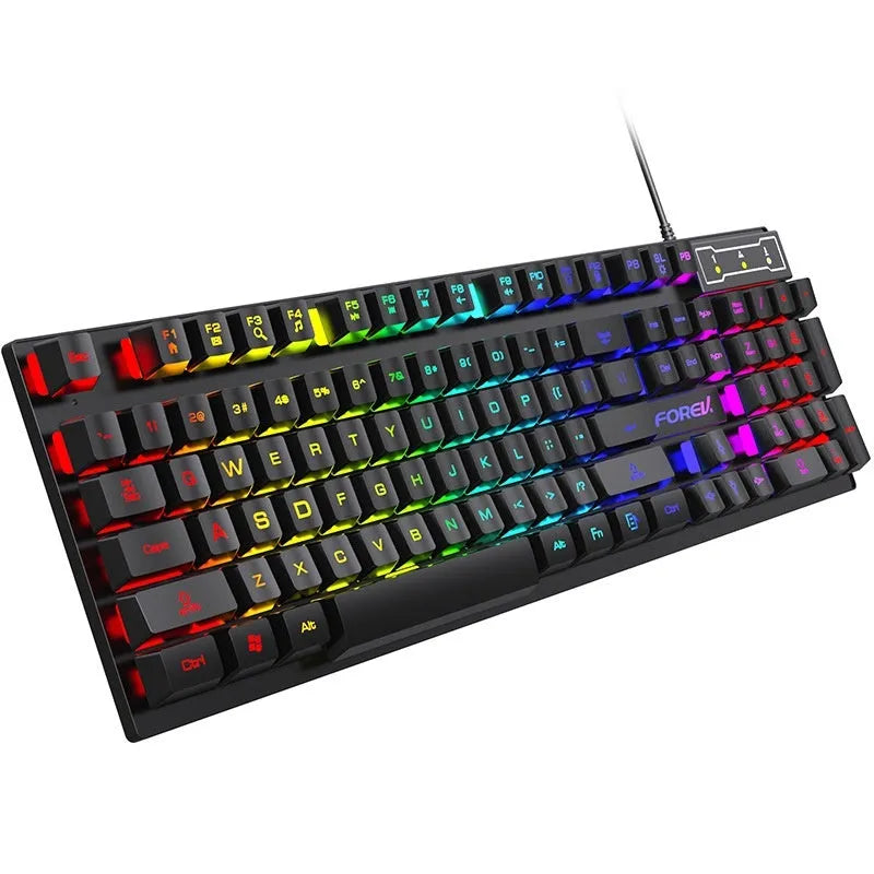 Black 104-key backlit keyboard and optical mouse set with 1.5m USB cable on desk
