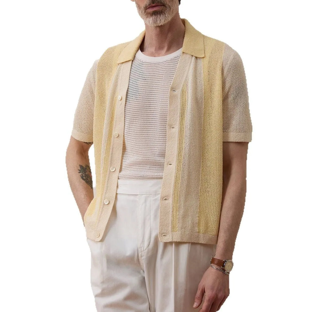 Bright yellow hollow-out short-sleeved polo shirt with asymmetrical design on Tencel fabric