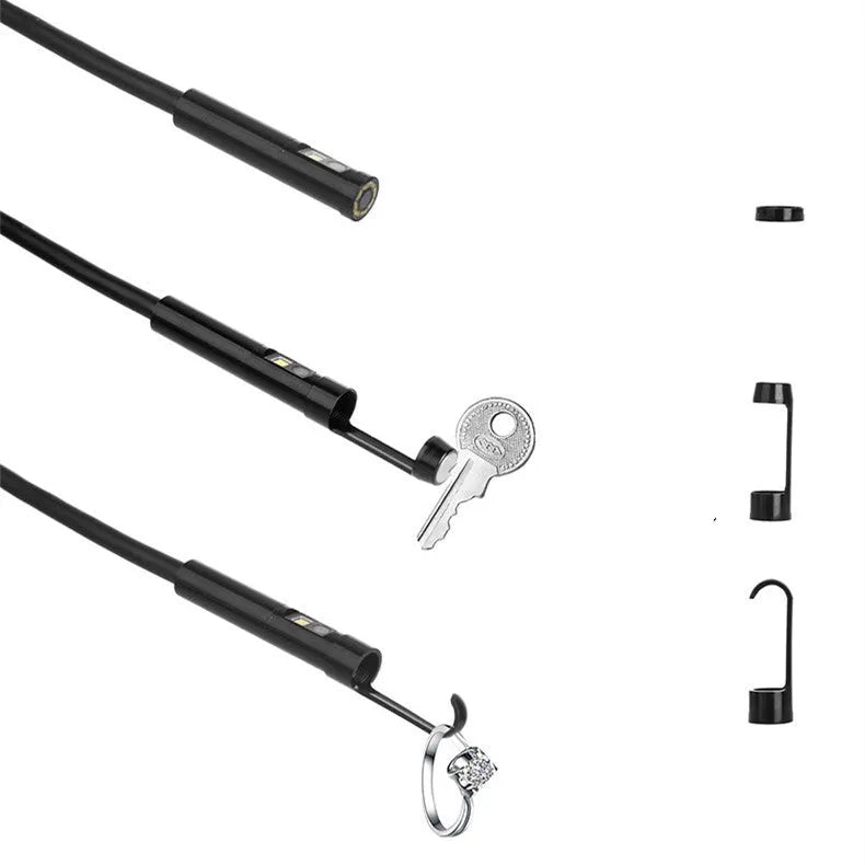 Wi-Fi dual lens wireless endoscope with 5.5mm and 8mm waterproof probe options and accessories.