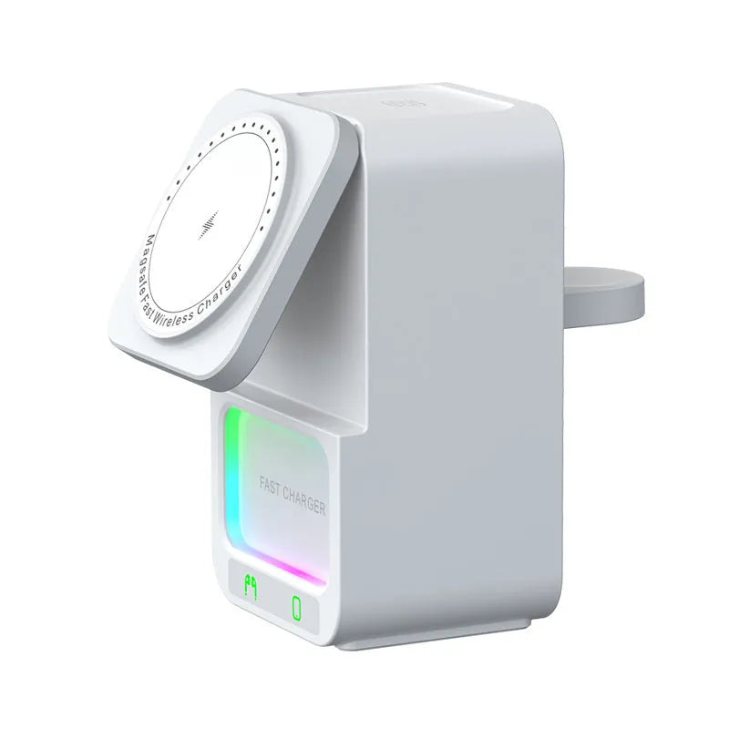 Wireless Bluetooth speaker with magnetic charging pad showing white and black colour options