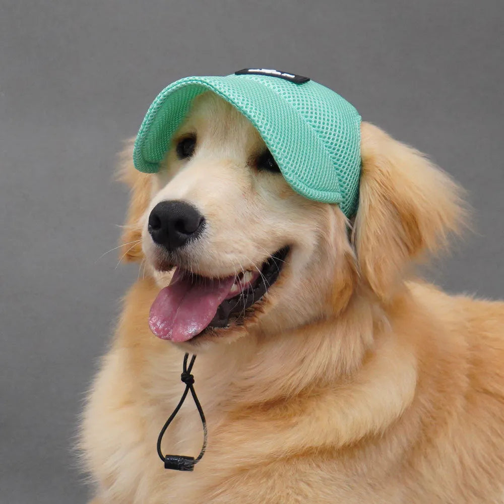 Breathable sandwich net dog hat in green with ear leakage openings for summer shading