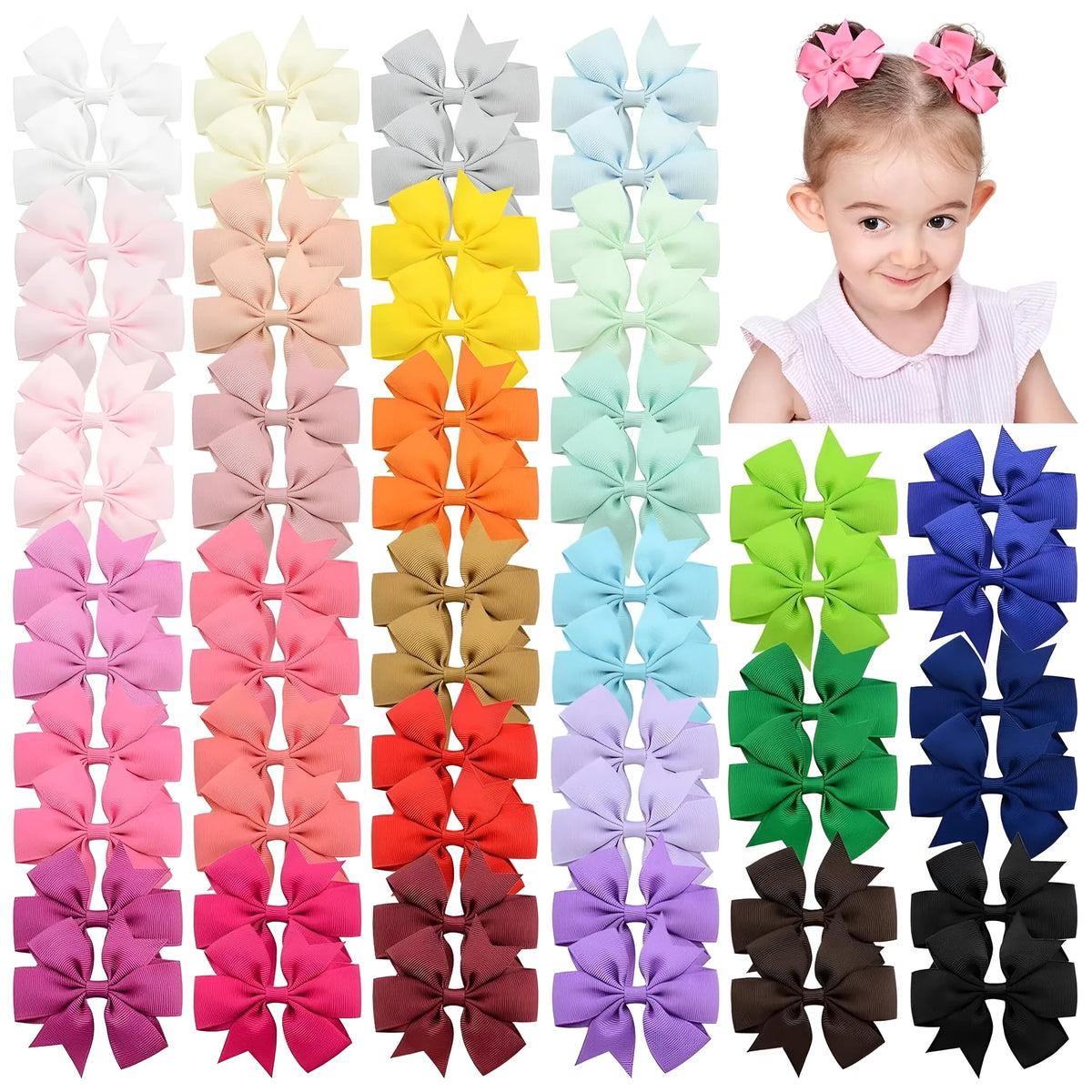 Assorted colourful 3-inch grosgrain ribbon pinwheel hair bows with alligator clips for toddlers.