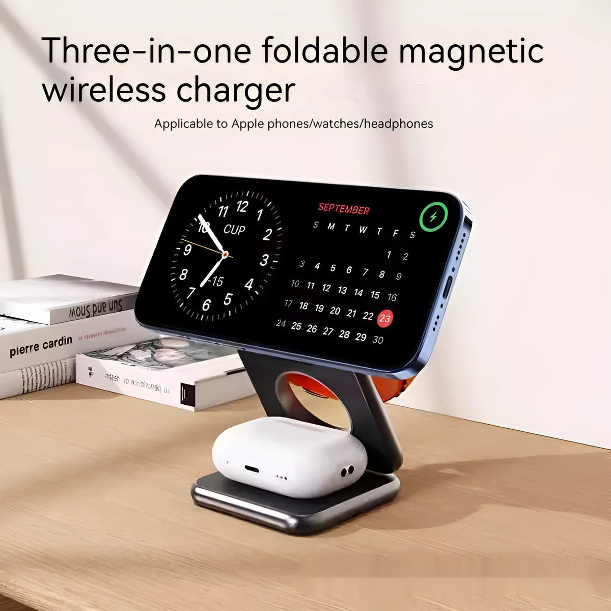 White foldable magnetic wireless charging phone holder on a desk