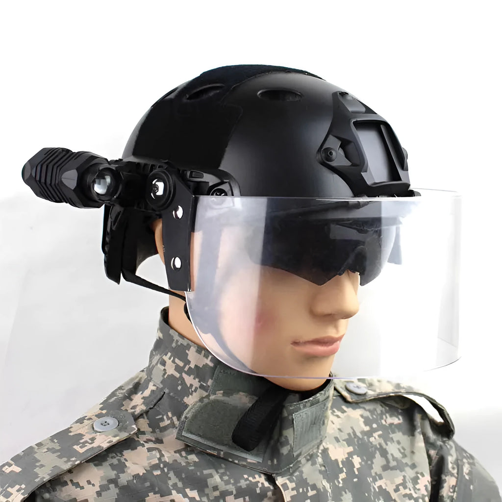 Transparent PC plastic sports helmet mask with a guide rail, shown in a clear colour.