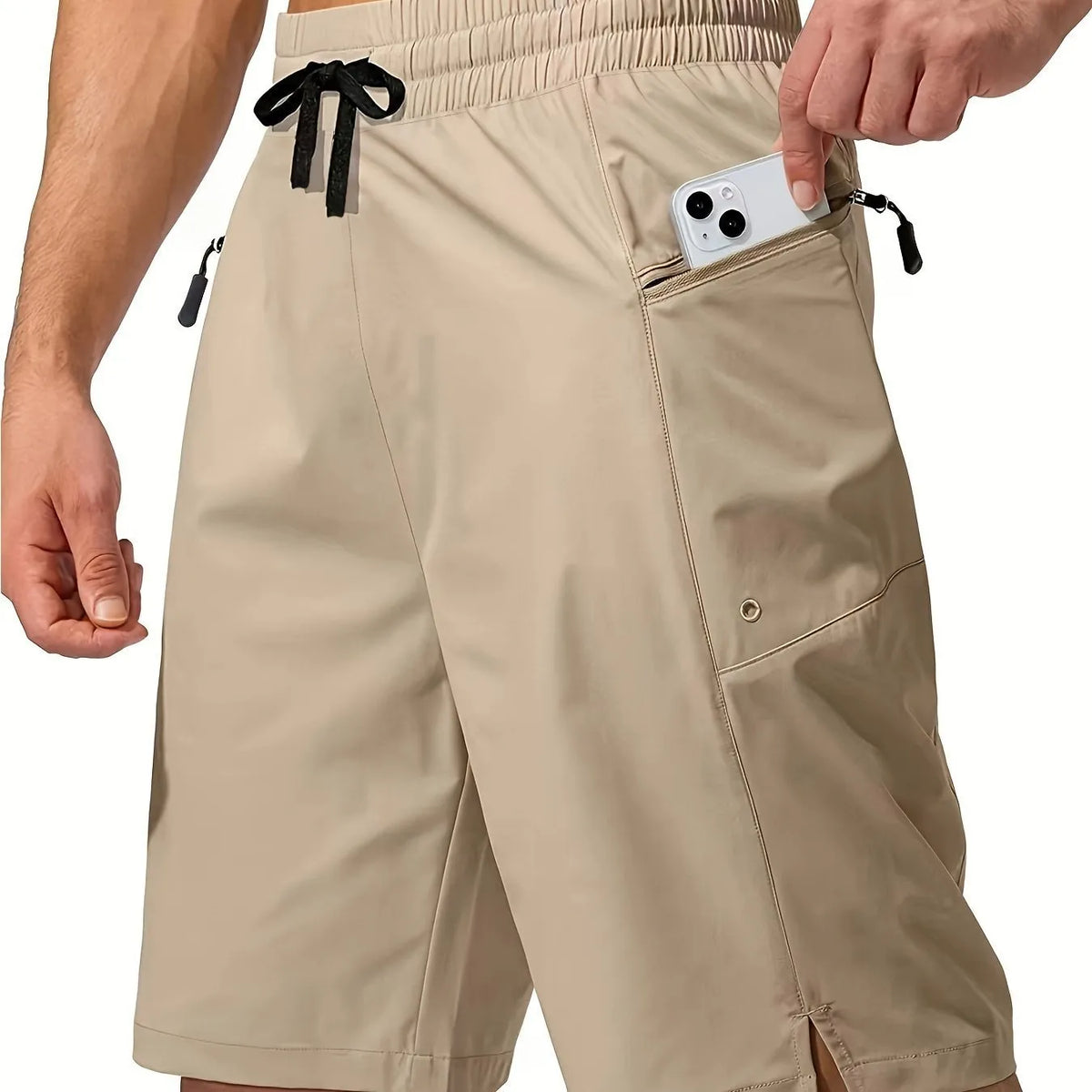 Men's solid colour quick-drying beach shorts in straight-leg cut displayed in multiple colour options