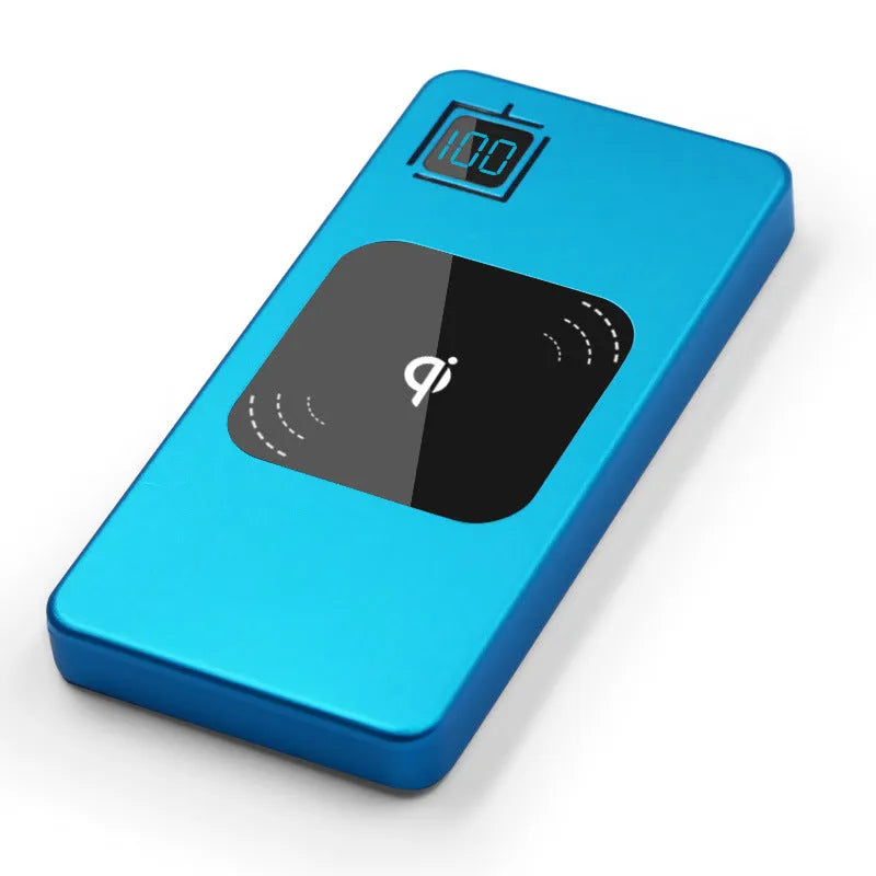 Black mobile power bank with LCD display showing battery percentage, alloy casing