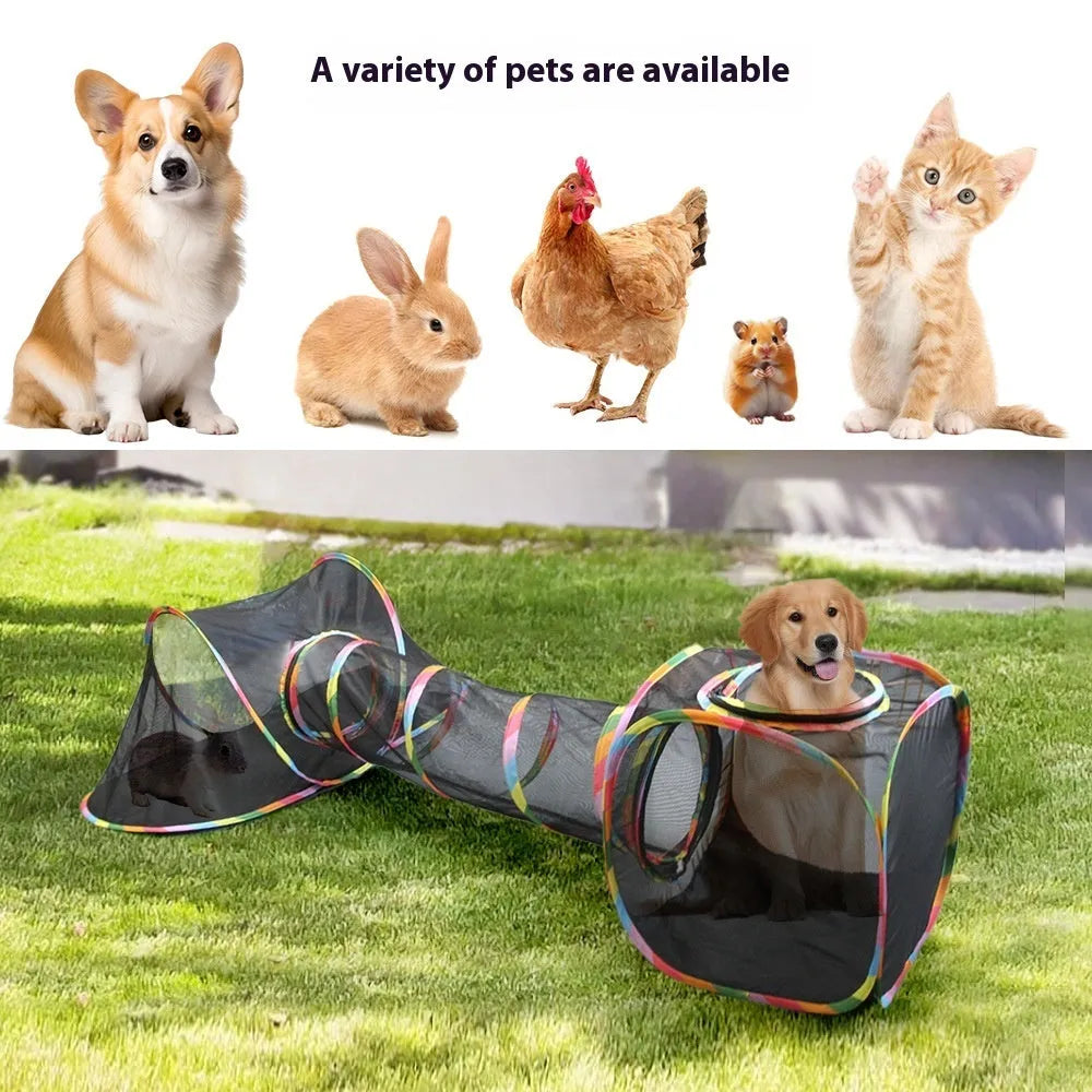Foldable mesh cat roll cage pet toy shown in hexagonal, tee, tent, long straight and square model designs.