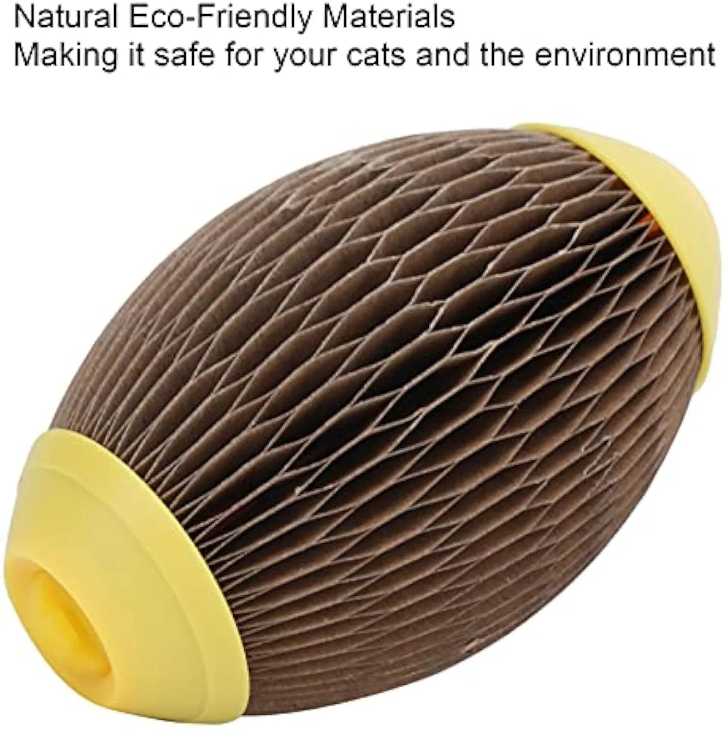 Ellipse-shaped catnip football toy made from brown recycled corrugated paper.