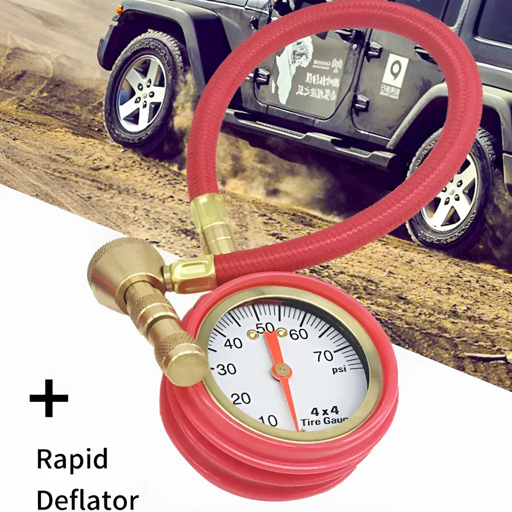 Red and black mechanical tyre pressure gauge with metal body and rubber shell for cars and SUVs.