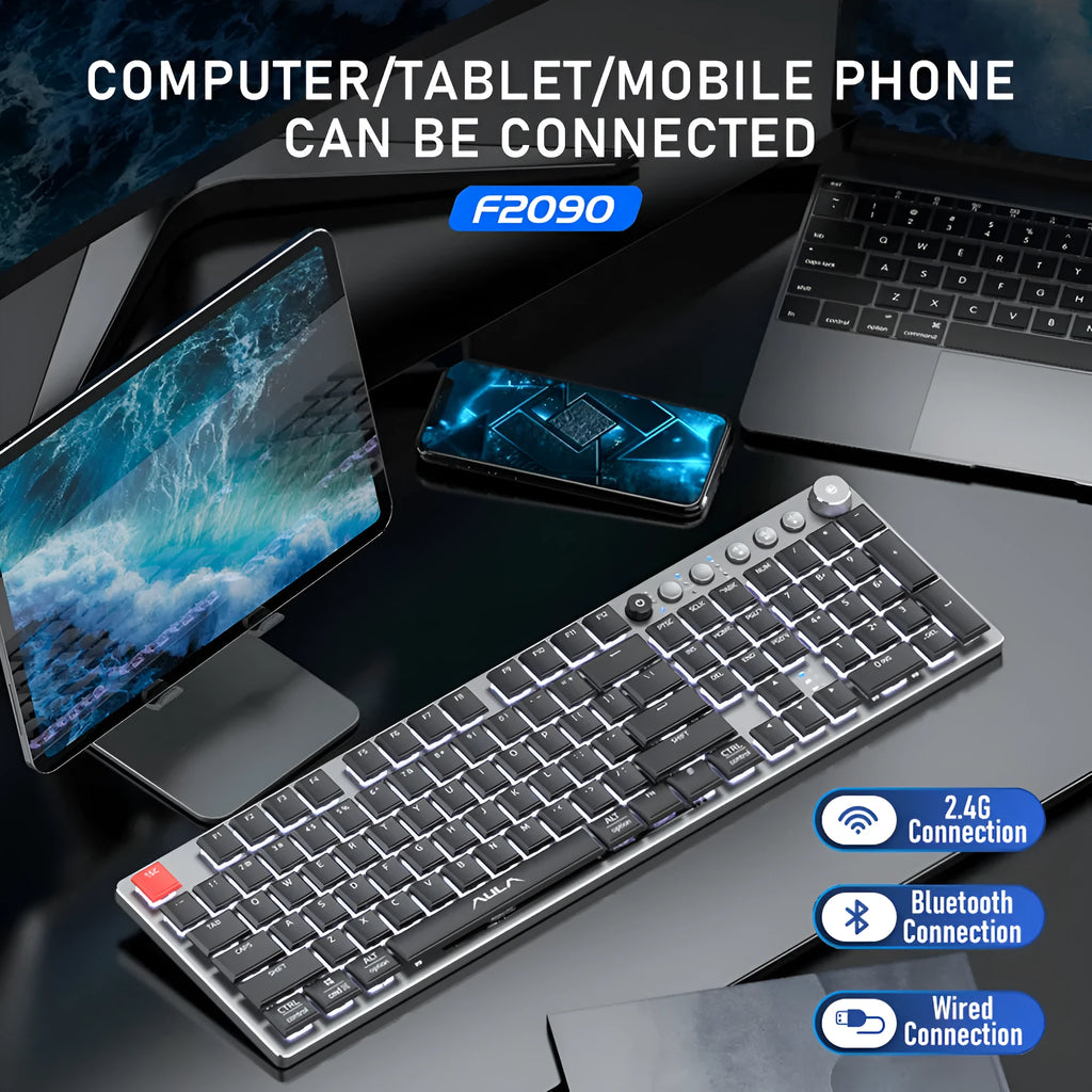 Wireless mechanical keyboard 104 keys low-profile with blue backlight, full layout, and short shaft switches