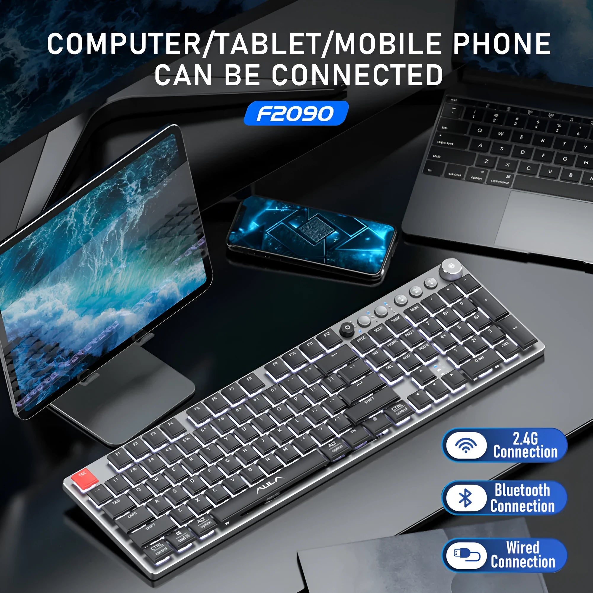 Wireless mechanical keyboard 104 keys low-profile with blue backlight, full layout, and short shaft switches