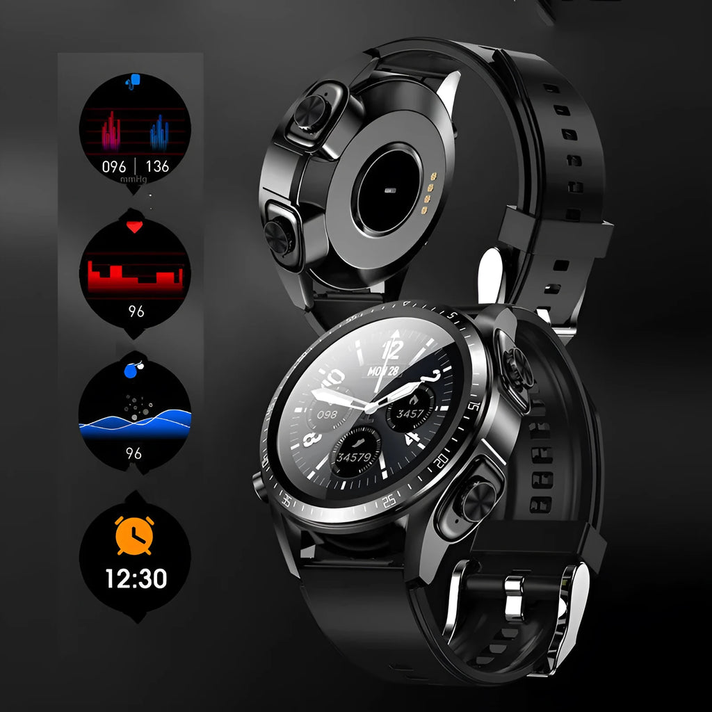 Black smart watch with silicone strap showing blood pressure and oxygen monitoring on screen.