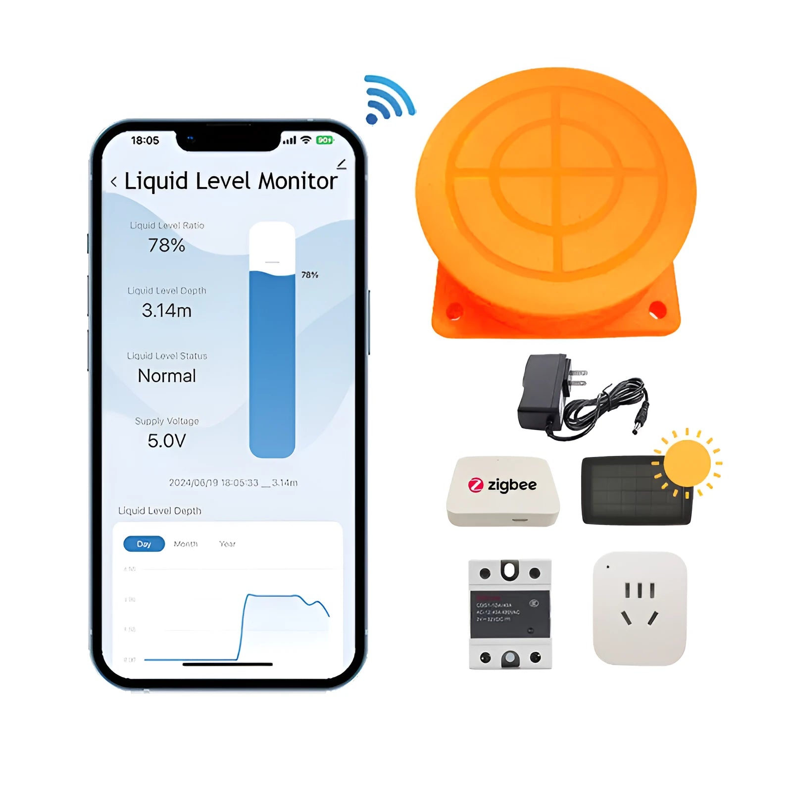 Wireless fluid level monitor sensor unit for remote water and oil tank measurement via mobile app.