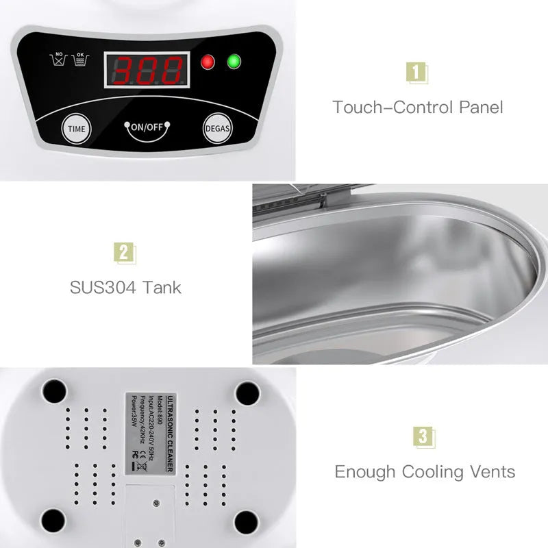 Ultrasonic cleaning machine for home in white blue, 40KHz digital control, compact 20.6 x 15.2 x 13.2 cm