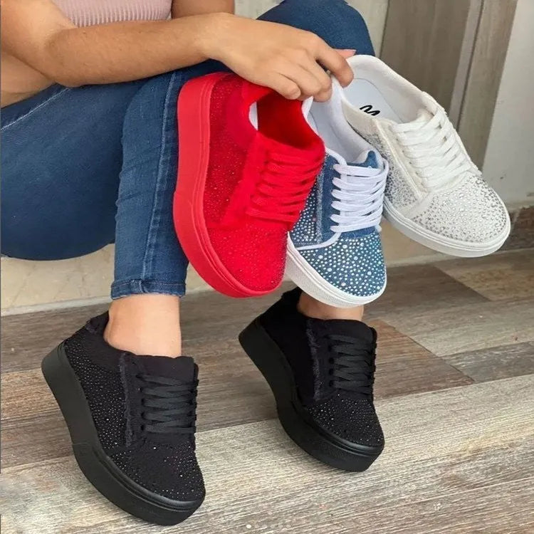 Plus size women's black casual shoes with rhinestones, thick rubber soles and lace-up front