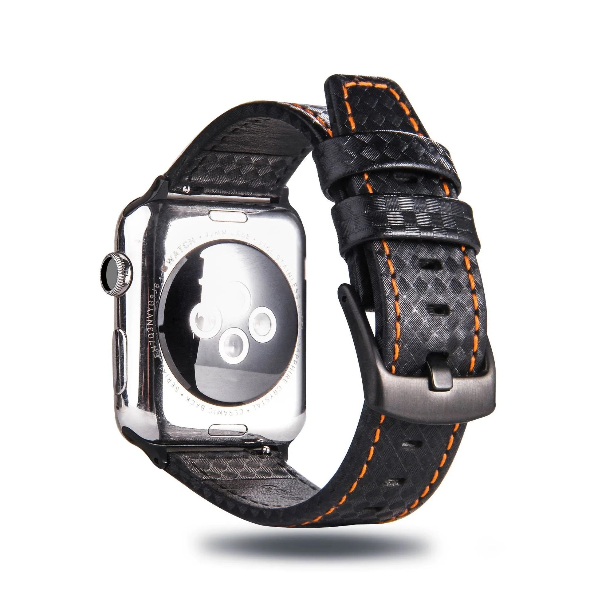 Carbon fibre and leather Apple Watch band with PC hard case in black, blue, orange, and red colour options