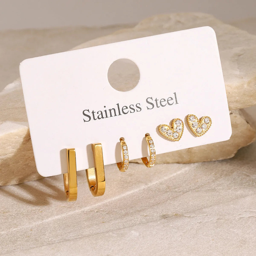 18K gold plated ear clip set with heart, U-shaped, star and geometric designs, 3 pairs
