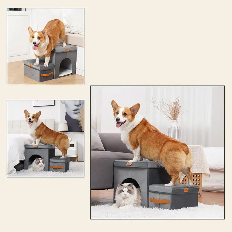 Grey foldable cloth pet storage stairs with dog climbing up 2-step Velcro design