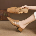 Women's retro closed toe half slippers in genuine leather with low thick heel, square toe, apricot colour