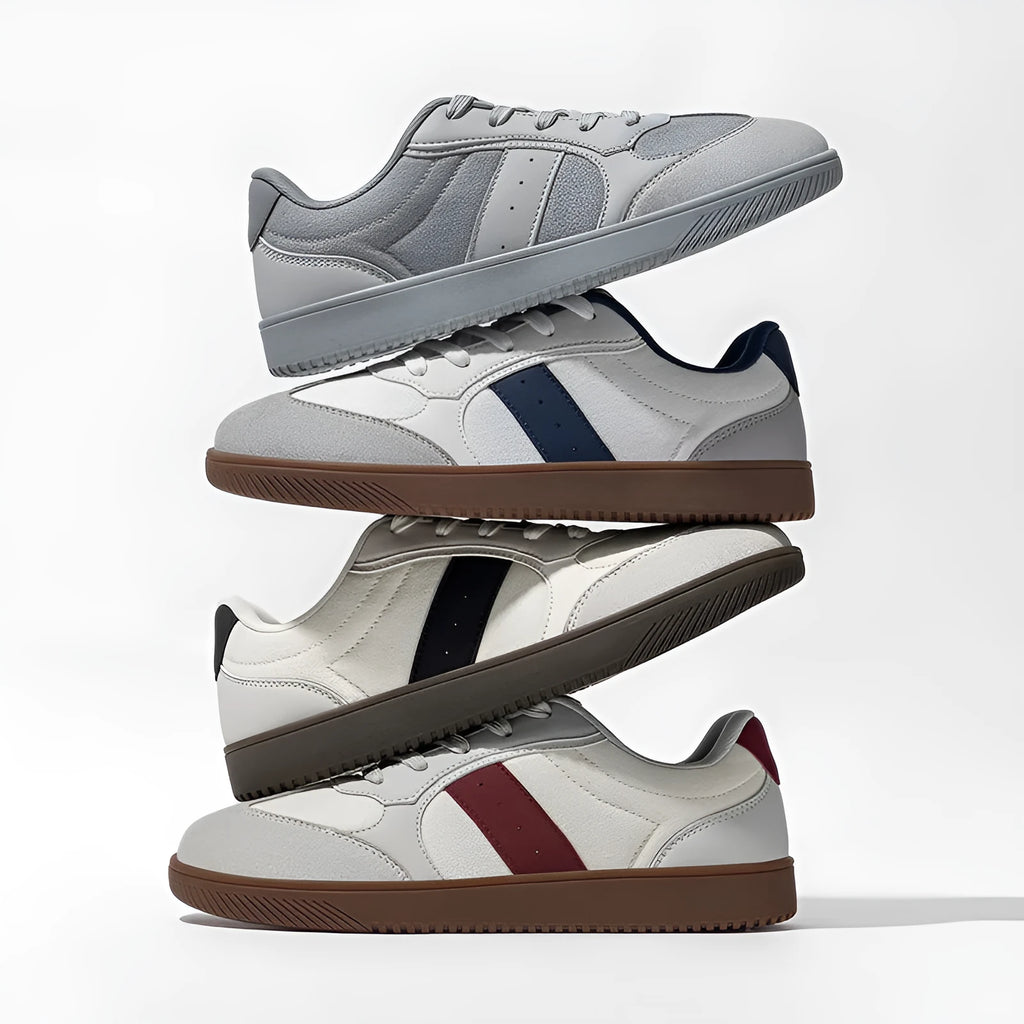 Wide toe retro German training shoes for men, fabric synthetic leather upper, low top, flat heel, rubber sole, available in multiple colours and sizes