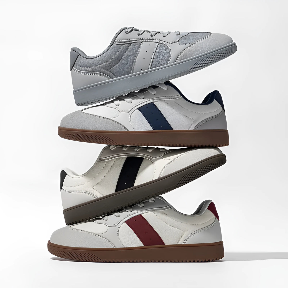 Wide toe retro German training shoes for men, fabric synthetic leather upper, low top, flat heel, rubber sole, available in multiple colours and sizes