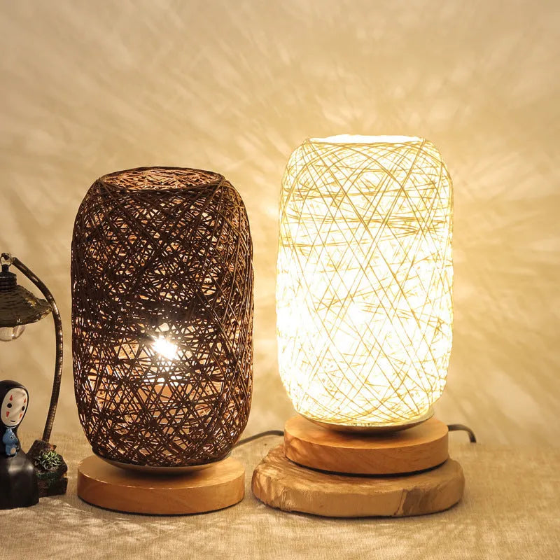 Natural hemp rope Sepak Takraw desk lamp with solid wood base