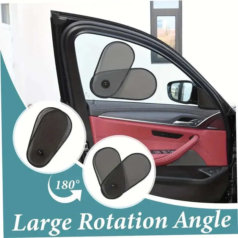 Black breathable car side window shade with suction cups stretched over a car window