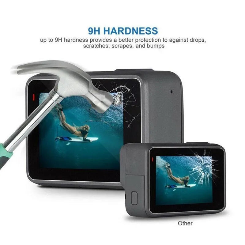 GoPro Hero action camera with transparent 9H tempered glass lens and LCD screen protectors applied.