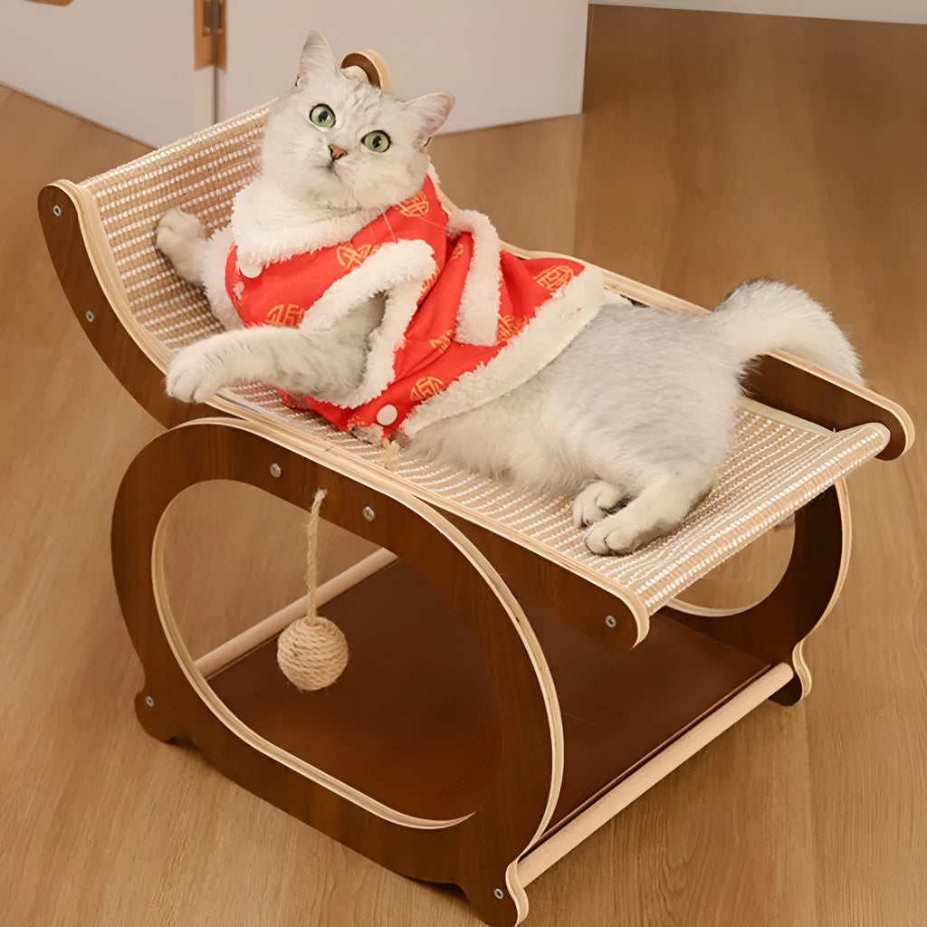 Solid wood cat scratching post with sisal column on a rectangular base, shown in walnut colour.