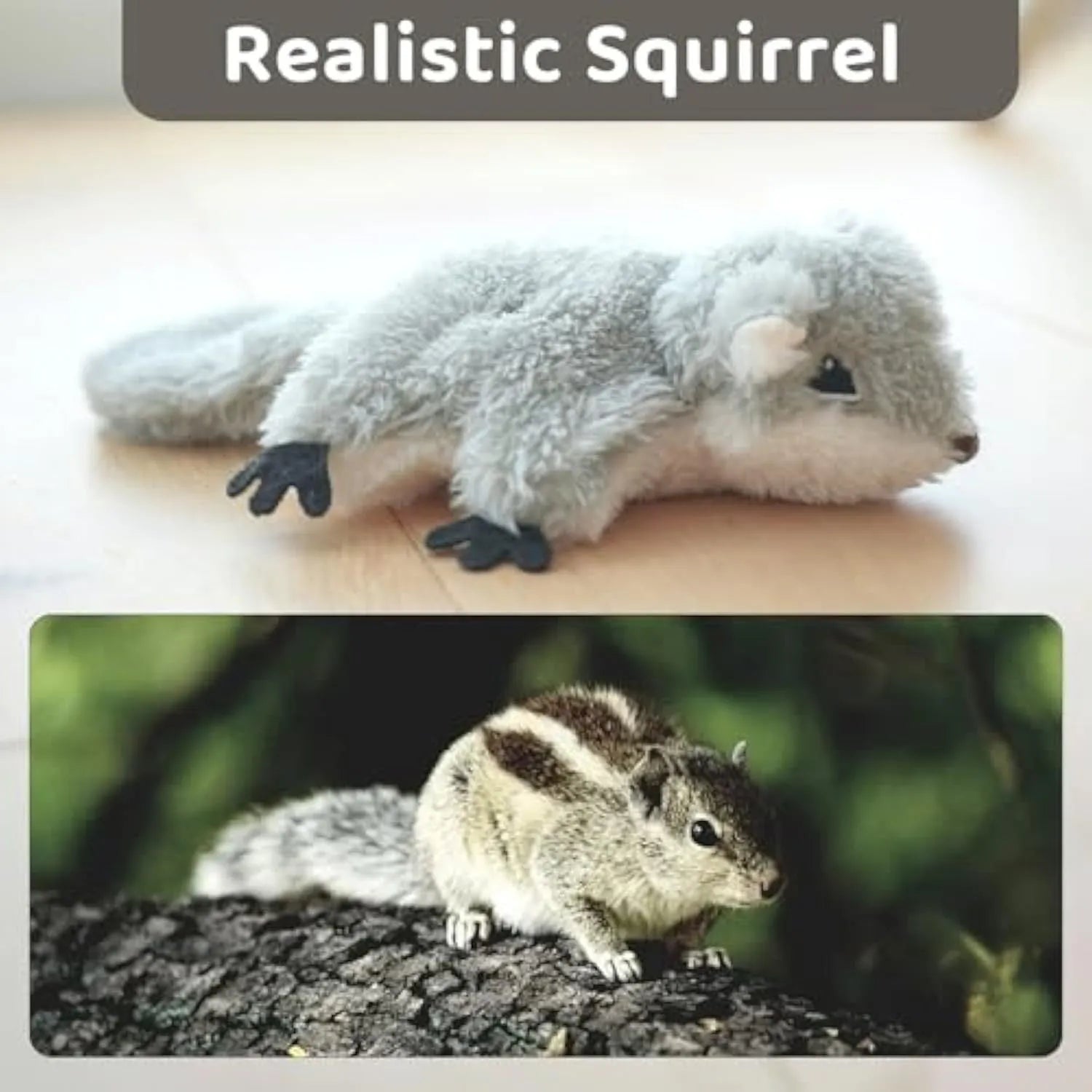 Gray squirrel cat kicker toy with flapping wings and USB charging port