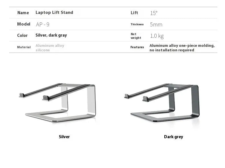 Black aluminium alloy laptop stand on a desk, showing its wide base plate and elevated height.