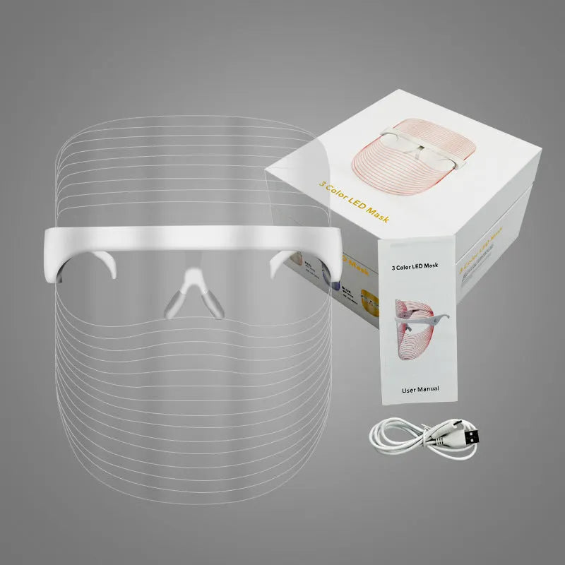 LED three-colour transparent beauty mask for home acne removing and skin whitening, packed size 18.5 x 20.5 x 14 cm