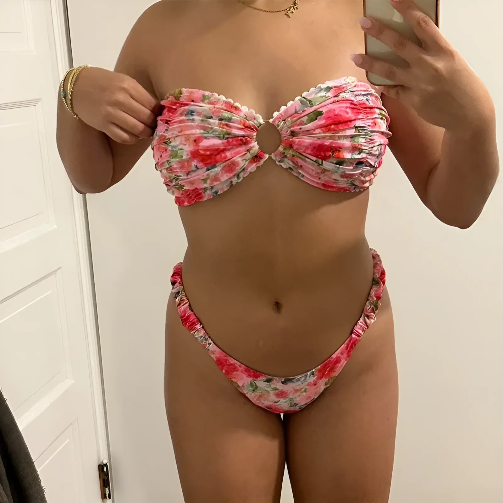 Floral print bikini set with tube top and briefs in European swimwear style