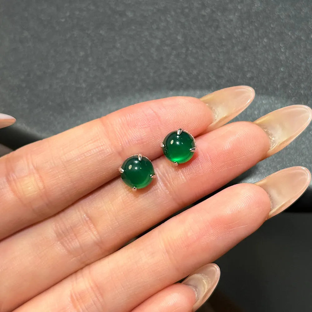 Retro S925 sterling silver green chalcedony stud earrings platinum finish round geometric women's jewellery