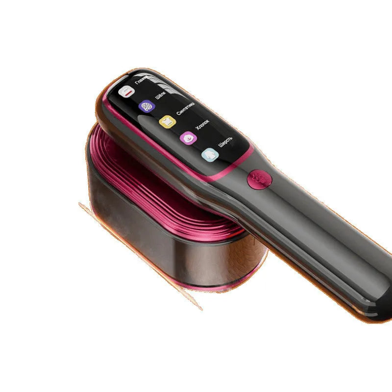 Purple folding handheld garment steamer with 1200W power on a plain background