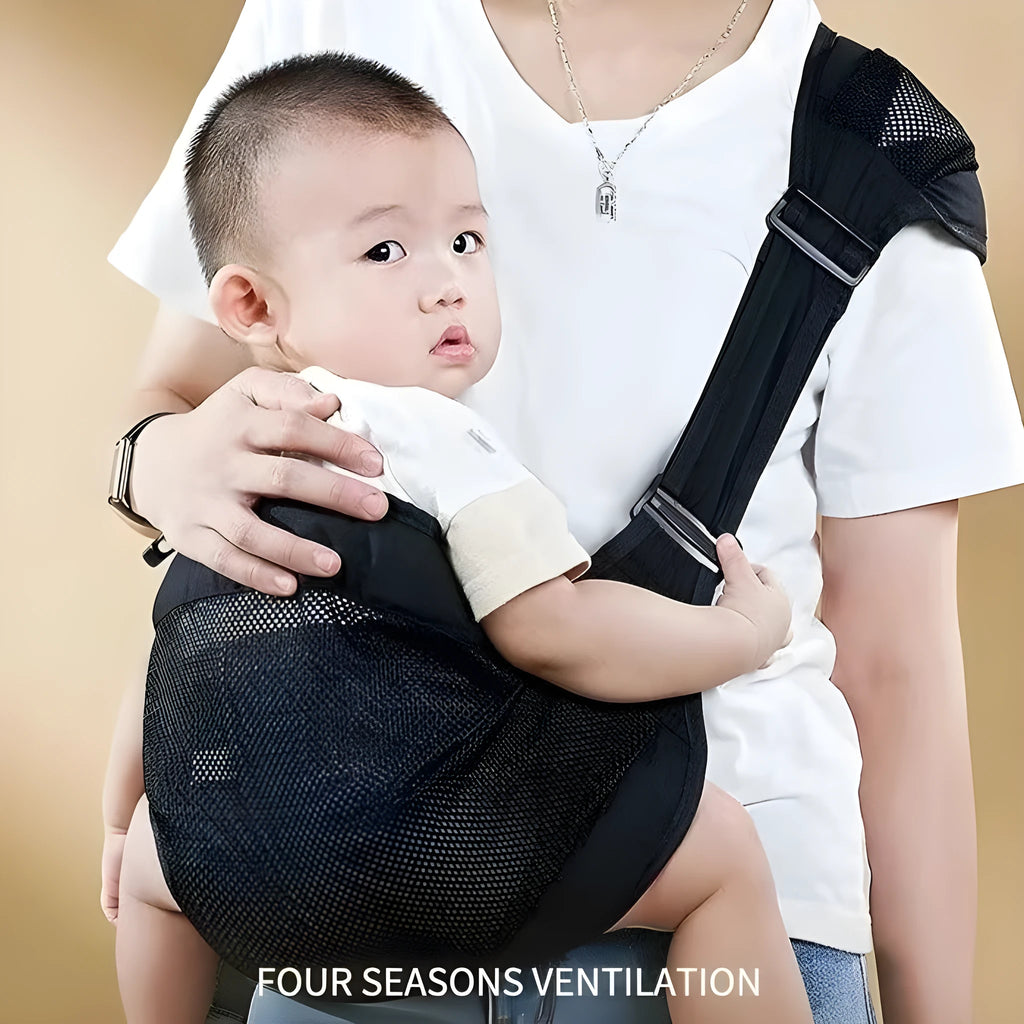 Cloth baby carrier waist stool for infants and toddlers, shown in grey colour.