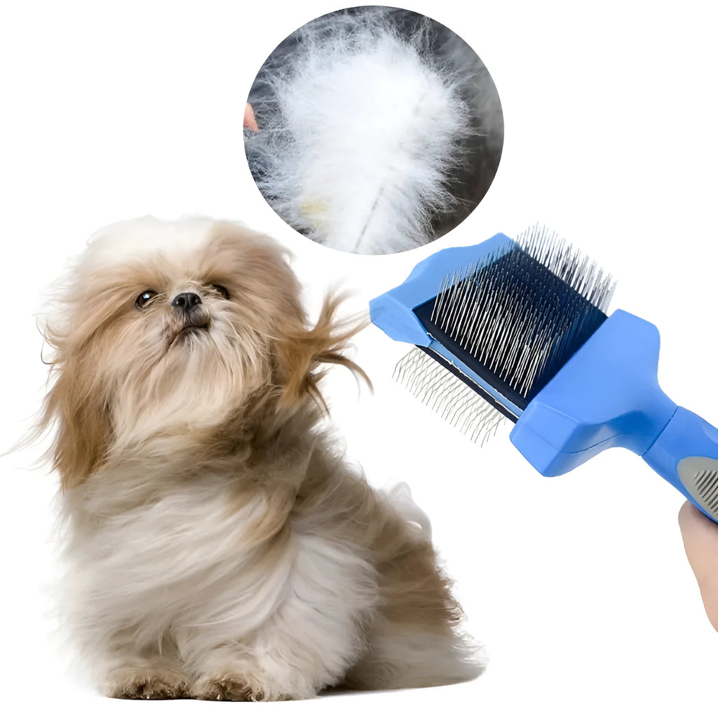 Double-sided pet brush with stainless steel bristles and ergonomic blue handle
